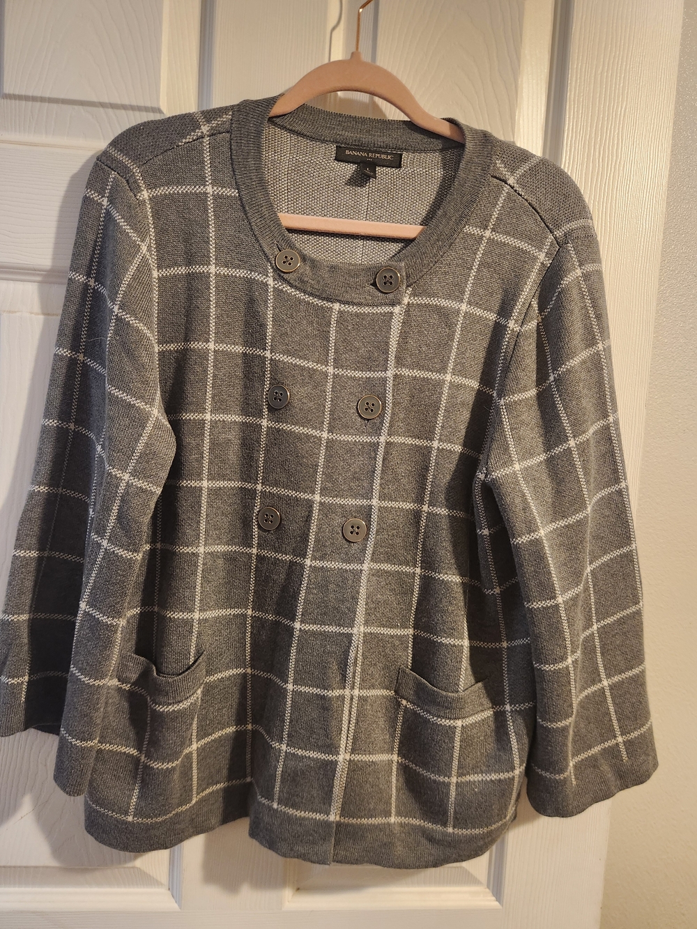 Banana Republic Gray Windowpane Double-Breasted Sweater Jacket